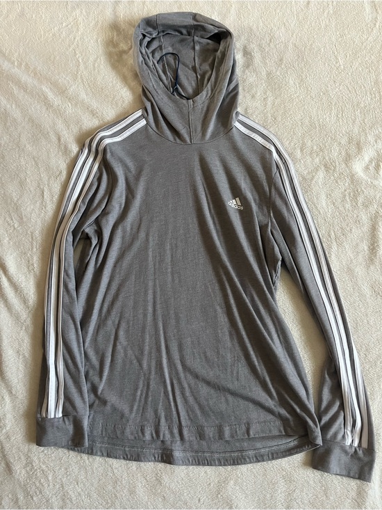 adidas Tops - Adidas Men’s Gray Hooded Long-Sleeve Sweater with Stripe Detail